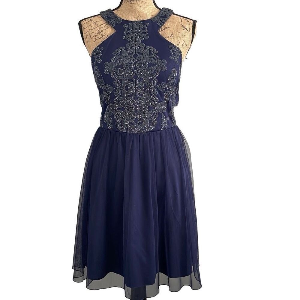 NWT Speechless Navy/Gunmetal Beaded Tulle Cocktail Dress - Junior Size 13